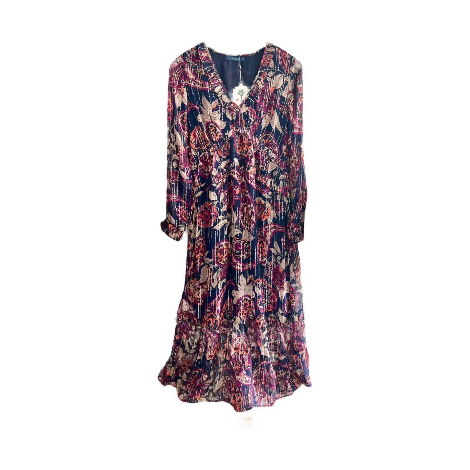 New La Plage Women's Mallory Long Sleeve Maxi Dress In Navy/Pink